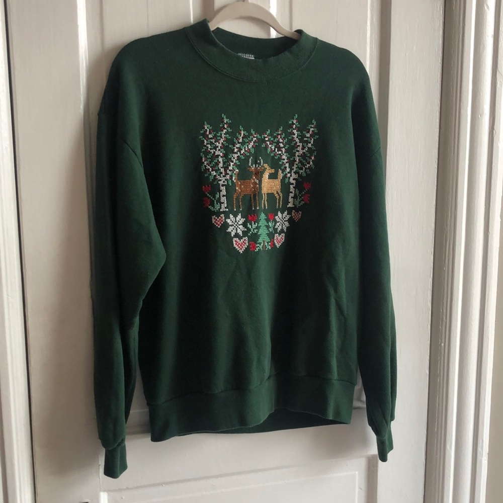 Jerzees Hand Embroidered Vintage Crew Neck Holiday Pullover Sweatshirt Large - Picture 2 of 10